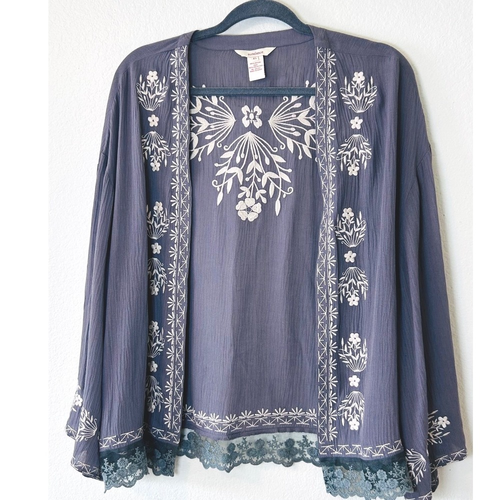 Sundance Boho Embroidered Lace Trim Kimono Cardigan Slate Blue Purple XS